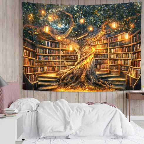 Xguatan 60X40IN Fantasy Library Tapestry, Mysterious Forest Tree Magic Bookshelf Aesthetic Tapestries , Witchy