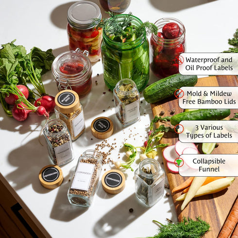 Set, Sets Glass Spice Jars with Label Bamboo Lids & Funnel - Kitchen Airtight Storage Jars with Lids - Spices