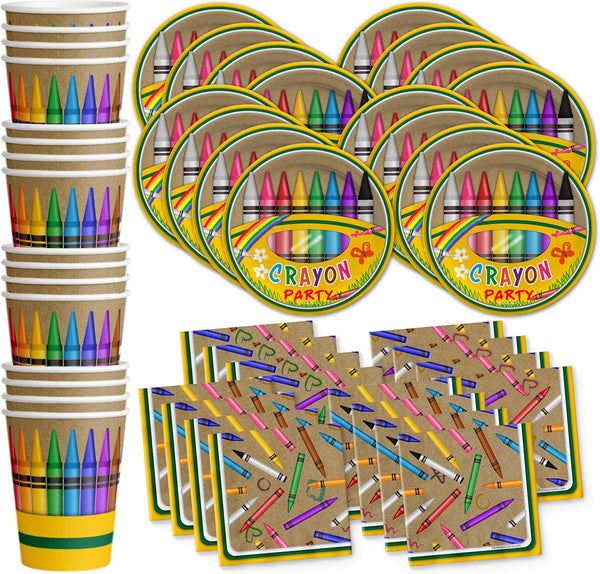 Crayon Birthday Party Supplies Set - Tableware Kit for 16 | Plates, Napkins, Cups