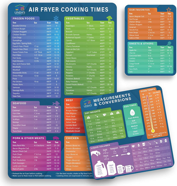 Air Fryer Magnetic Cheat Sheet Set by Linda’s Essentials - Quick Reference Guide for Cooking Times & Kitchen Conversions