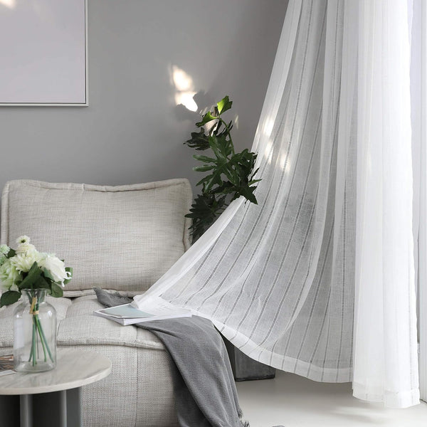 Home Brilliant Striped White Sheer Curtains, 84 Inches Long, Lace Voile Window Treatment, 2 Panels, 54" X 84"