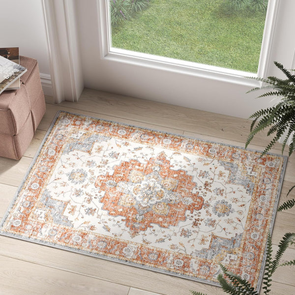 jinchan Area Rug 2x3, Vintage Entryway Rug, Washable Boho Indoor Doormat, Floral Medallion Small Rug, Non Slip Retro