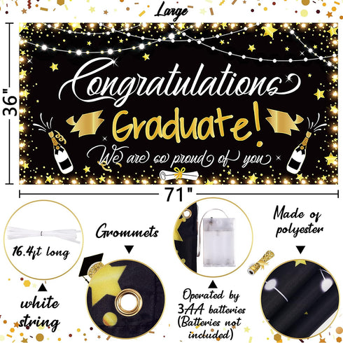 90shine Graduation Decorations - Class of 2025 Lighted Congrats Grad Banner, 25PCS Black Party Supplies