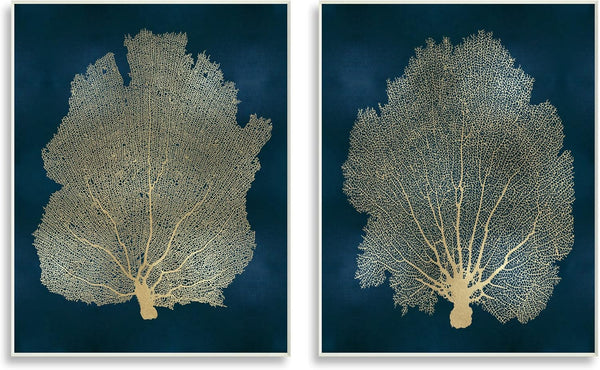 Stupell Industries Modern Sea Fan Composition Wall Plaque, Blue Gold Ocean Plant Decor, Green