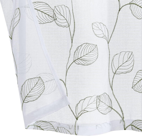Topick White Sheer Kitchen Curtains with Sage Green Leaf Embroidery, 36 Inch Rod Pocket, 2 Panels for Short Windows