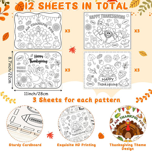 12Pcs R HORSE Thanksgiving Coloring Placemats - Disposable Paper Coloring Table Mats, Fun Turkey Dinner Place Mats