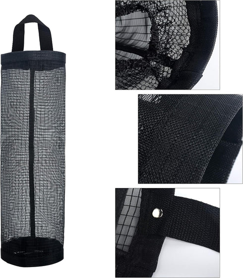Sulimy Mesh Garbage Bag Holder Dispensers, 2pcs Folding Trash Bags Organizers with 2 Hooks for Home Kitchen, Black