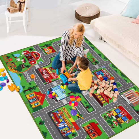 59"x39.4", Kid(59X39.4Inch,Green) Kids Carpet Playmat Rug Car Rug for Kids Cars, Non-Slip Town City Road Map Kids Rugs