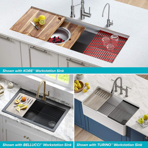 Kraus KRM-11YL Multipurpose Workstation Sink Roll-Up Dish Drying Rack, Colander and Trivet in Yellow