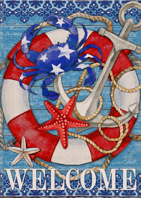 Welcome Summer Nautical Crab Garden Flag, Coastal Beach Anchor Lifebuoy Outdoor Decoration, Double Sided