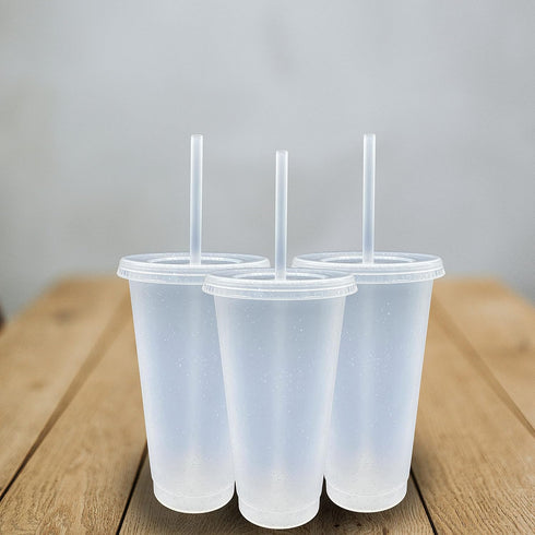 Generic 24 oz Reusable Glittered Translucent Cold Cup, 4 Pack with Straw and Lid