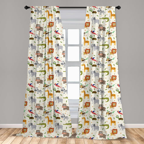 Ambesonne Cartoon Animal Window Curtains, 2-Panel Set with Rod Pocket, Savannah Lion Crocodile Pattern, 28" x 63",