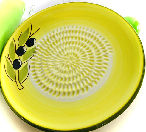 BonCera 4pcs Premium Ceramic Garlic Grater Set - Handmade Olive Design Grater Plate with Garlic Peeler, Gathering Brush