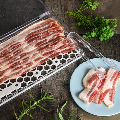 Bacon Keeper Storage Container with Tong, Deli Meat Storage Container with Perforated Tray for Freshness, Clear Durable