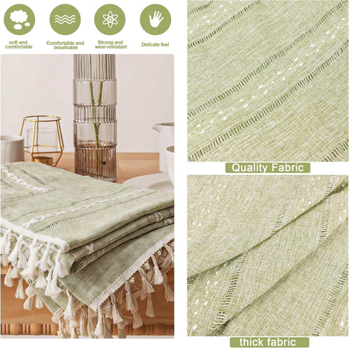 Ajerg 20x57inch Coffee Table Cloth, Sage Green Coffee Table for Living Room Tablecloth Cover with Pockets & Tassel
