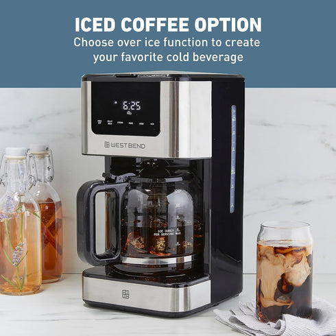 Programmable 6 12-Cup, West Bend Drip Coffee Maker Brews Hot or Iced, with Brew Strength Selector Auto Shut-Off