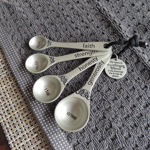 Amazing Woman Measuring Spoon Set, Decorative Kitchen Accessories, 4 Spoons, Engraved Pewter and Silver Enamel