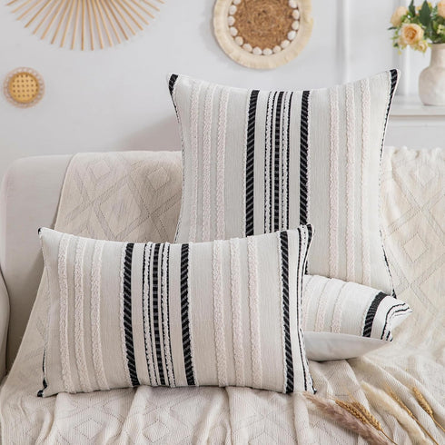 2 Packs 20x20 Inch Boho Pillow Covers Black Chenille Decorative Throw Pillow Covers for Couch, Farmhouse Accent Striped