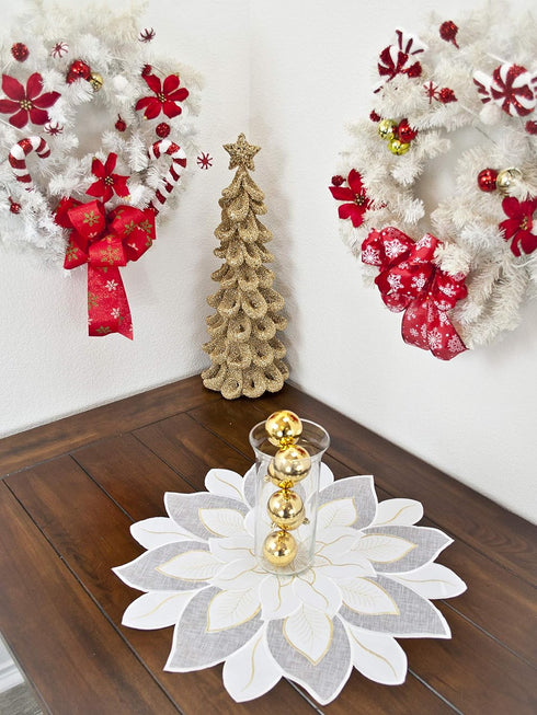 Embroidered Holiday Christmas White and Gold Star Poinsettia Doily Place Mat Small Table Topper (23 Inch Round)