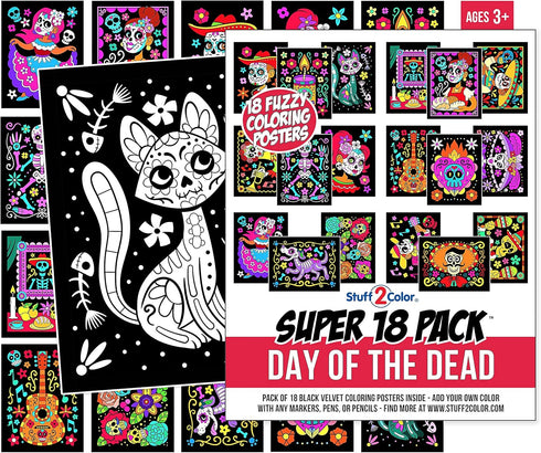Super Pack of 18 Fuzzy Velvet Coloring Posters - Kids Themed Day of the Dead Halloween Crafts Activity