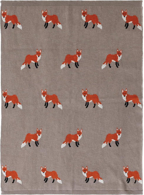Creative Co-Op Cotton Knit Baby Blanket with Fox Print, Multicolor