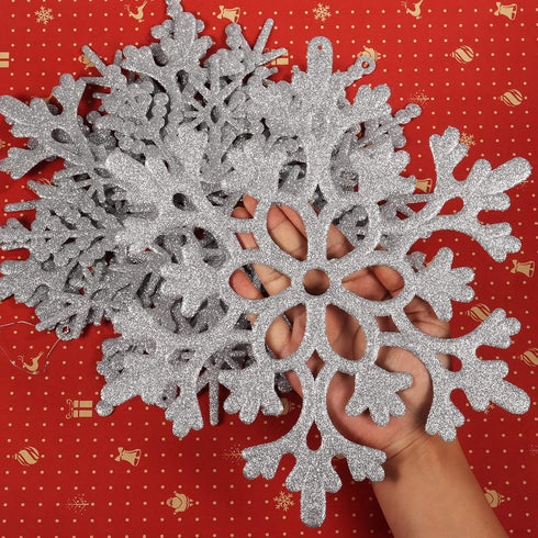 Silver Snowflake Ornaments, 6 Pack Large Plastic Christmas Decorations for Winter Wonderland Tree