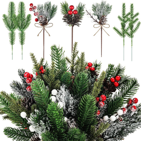 Yunlly 60 Pcs Christmas Artificial Green Pine Needles, Christmas Floral Picks Artificial Holly