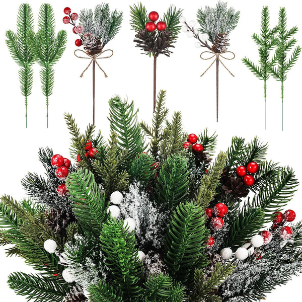 Yunlly 60 Pcs Christmas Artificial Green Pine Needles, Christmas Floral Picks Artificial Holly