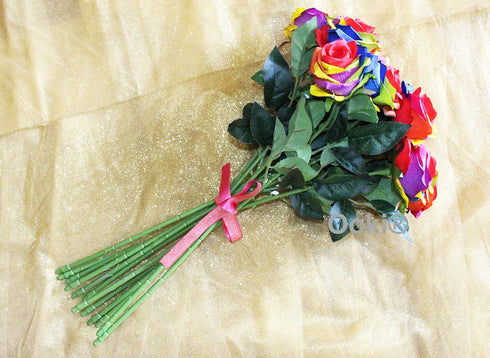 Ooki 12 Long Stem Artificial Silk Rainbow Rose Flower Bush Bouquet for Home Decor
