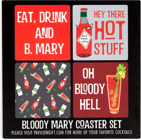 Pavilion - Bloody Mary Coaster Set, 4 Piece Sentiment, Pattern and Character with Box Holder - 4 Inch