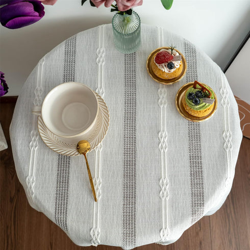 Gernaice 36x36 Inch Rustic Stripe Embroidered Tablecloth Heavy Small Square Tassel Cotton Linen Table Cloth Wrinkle