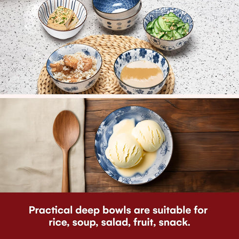 Japanese Rice Bowls Set of 6 - Porcelain Cereal Bowl in Vintage Blue White Design - Stackable Ceramic Dinner Set for Rice, Salad & Soup - Microwaveable & Oven Safe - 4.7"x2.6" per Bowl by Kirosaku