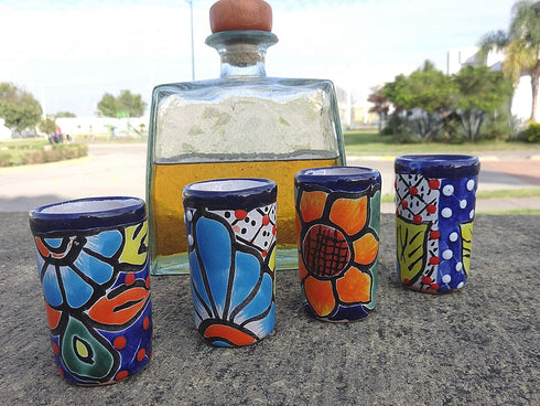 Talavera Shot Glasses Set of 4, Authentic Mexican Tequila Shot Glasses, Hand-painted, 2 Oz (Flowers Design)