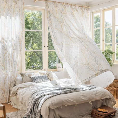 FMFUNCTEX Linen Semi Sheer Curtains for Bedroom, 84 Inches Long Yellow White Drapes with Grey Tree Branch Print