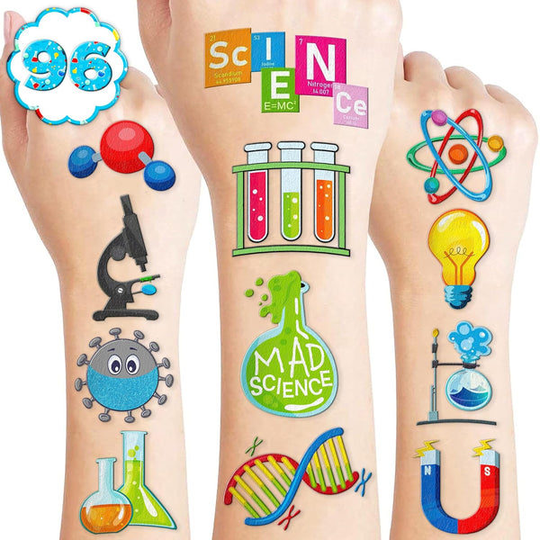 96PCS Funny Science Temporary Tattoos, Mad Scientist Laboratory Birthday Party Decorations, Math Chemistry Experiment