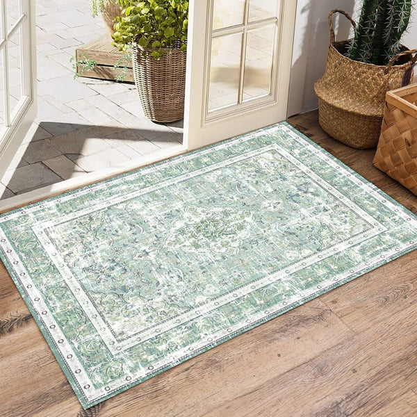 Boho Vintage Modern Area Rugs, Washable Neutral Small Carpet, Sage Green 2×3, High Traffic Doormat for Kitchen Entryway