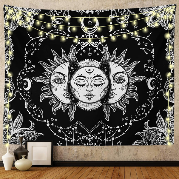 Ftuency Black and White Sun and Moon Tapestry, Mystic Burning Sun Wall Hanging Decor for Bedroom (59" W x 51" L)