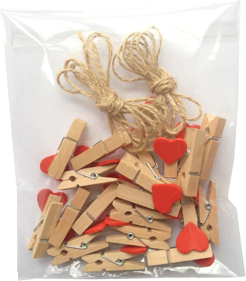 LWR CRAFTS Red Heart Wooden Mini Clothespins, 20 Pieces and Jute Cord, 8ft