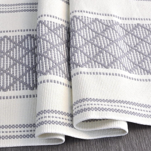 14x72 Inches Grey Table Runner with Tassel Gray & Cream Checks Geometric Design , Woven Washable Heavy Dresser Scarf