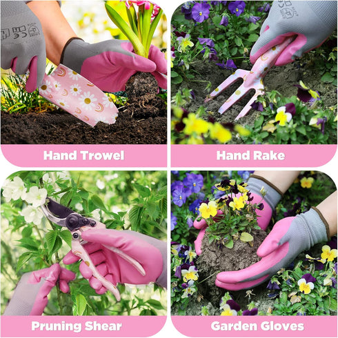 WORKPRO Aluminum Garden Tool Set, 4PCS Heavy Duty Hand Tools with Box, Trowel, Rake, Pruner, Gloves, Pink