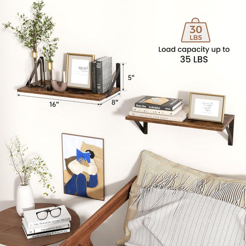 8 Inch Set 2, 16''W 8''D Axeman Floating Shelves for Wall, Deep Brown Wall Shelves of x Rustic Brown Wood Shelves