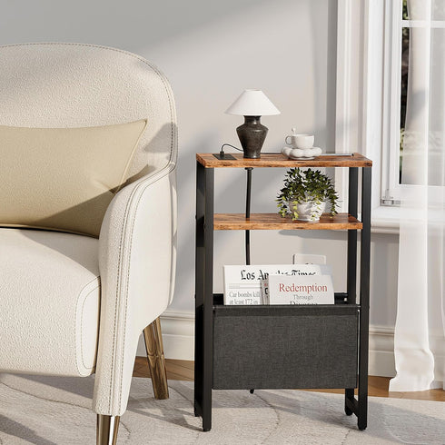 3 LET503RE Narrow Side Table with Charging Station Slim End Table Sofa with Magazine Rack, Bedside Table for Small