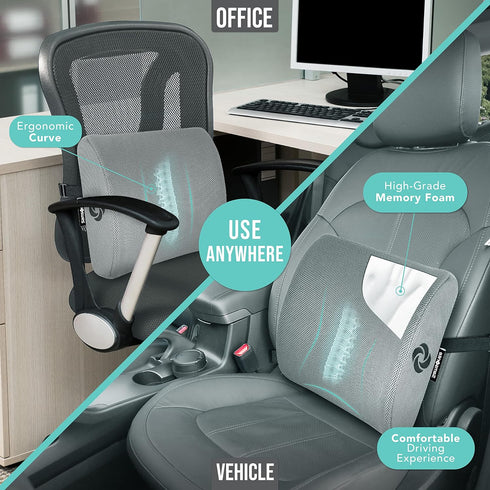 SAMSONITE Lumbar Support Pillow for Office Chair and Car Seat, Memory Foam, Gray