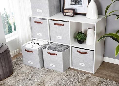 DECOMOMO Storage Bins | Cube Storage Bin with Label Holders, Fabric Storage Cubes for Organizing Shelves Closet Toy Clothes (11" / 6pcs, Light Texture Grey)