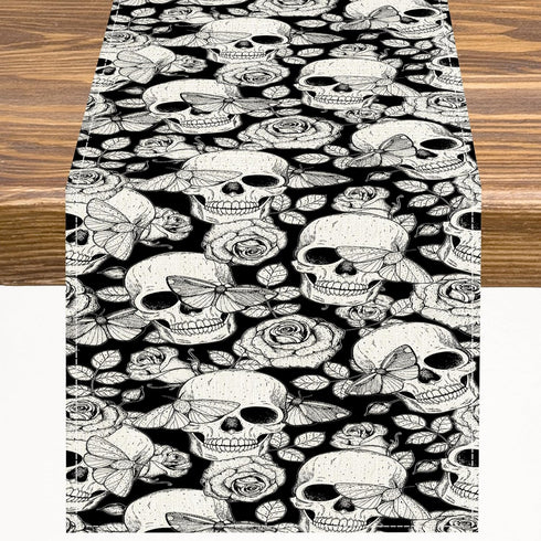 Gothic Table Runner White Skull Flowers Moth Pattern Table Runner Table Cloth