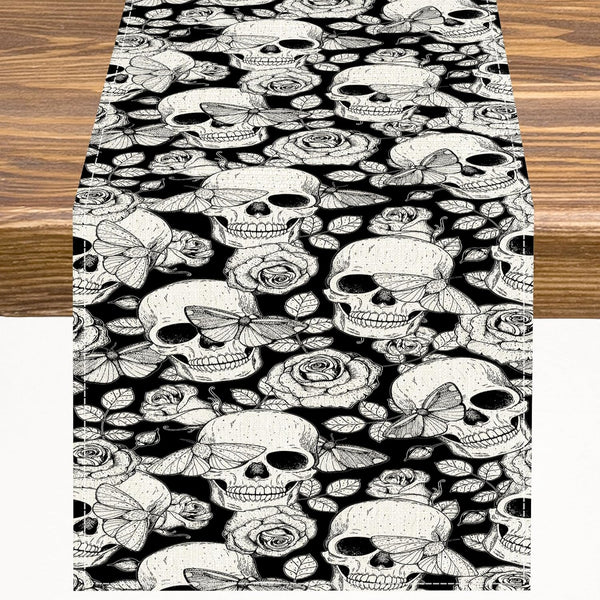 Gothic Table Runner White Skull Flowers Moth Pattern Table Runner Table Cloth