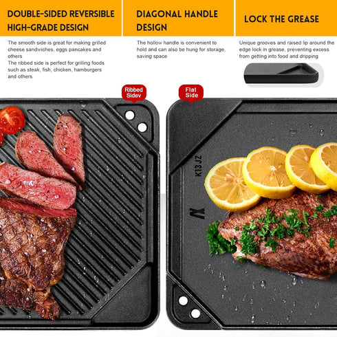 GGC Cast Iron Reversible Griddle, Double-sided Griddle Pan for Indoor and Outdoor Cooking, 20 x 10.5