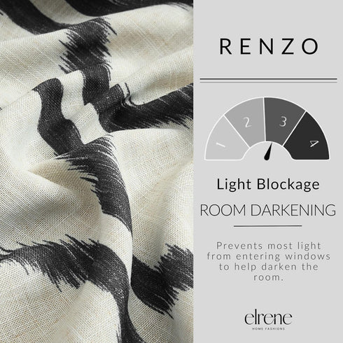 Elrene Home Fashions Renzo Ikat Geometric Room-Darkening Window Curtain, 52"x95", 1 Panel, Black