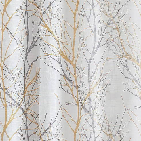 FMFUNCTEX Linen Semi Sheer Curtains for Bedroom, 84 Inches Long Yellow White Drapes with Grey Tree Branch Print