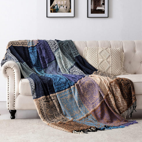 Edcooy Purple(60"*75") Boho Chair Cover Colorful Chenille Tassels Hippie Throw Blanket for Couch Bed Sofa Recliner
